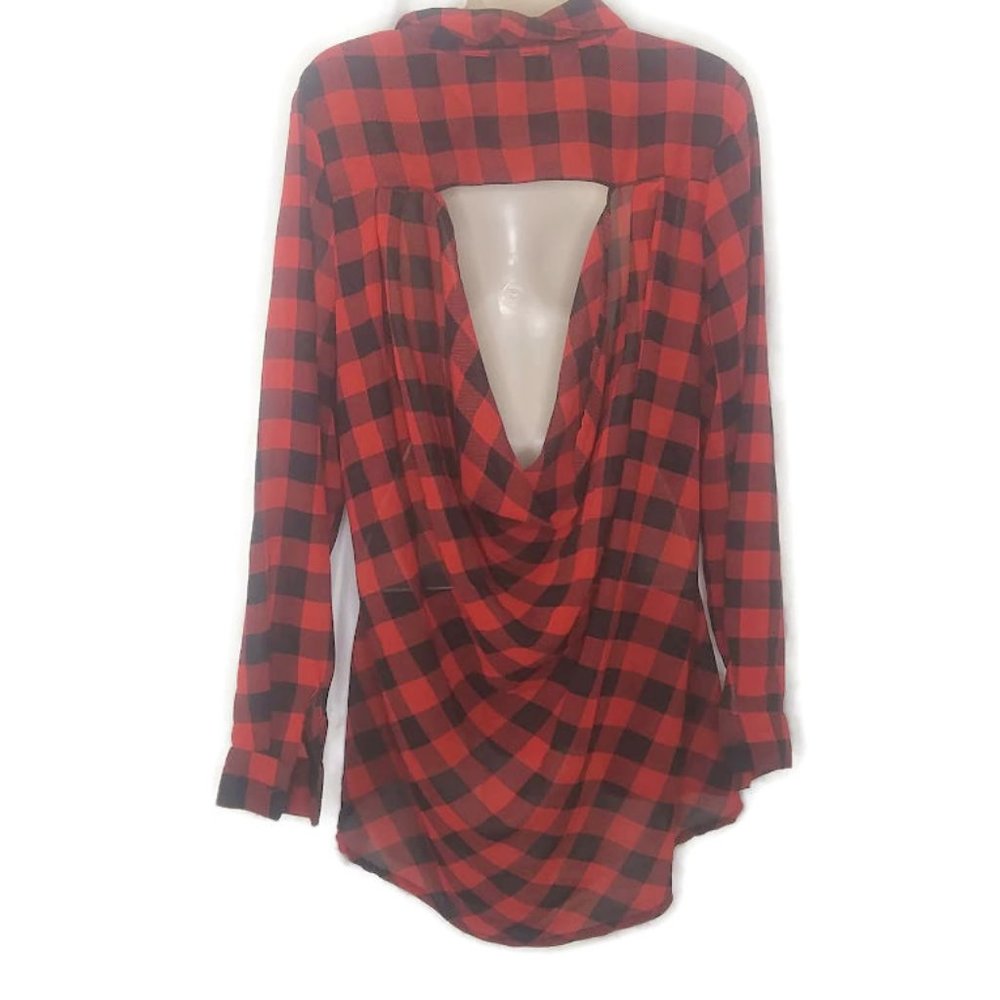 DEB Buffalo Plaid Open Drape Back Chiffon Button Up